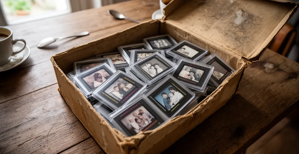 Boîte vintage ouverte contenant des diapositives montées dans leurs cadres sur une table en bois