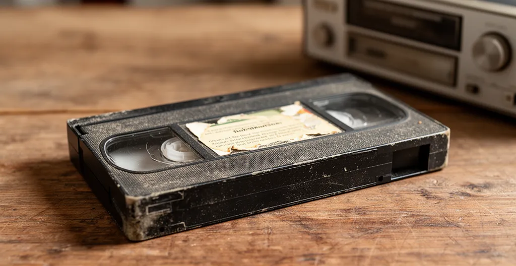 Cassette VHS ancienne posée sur table en bois montrant des signes d'usure