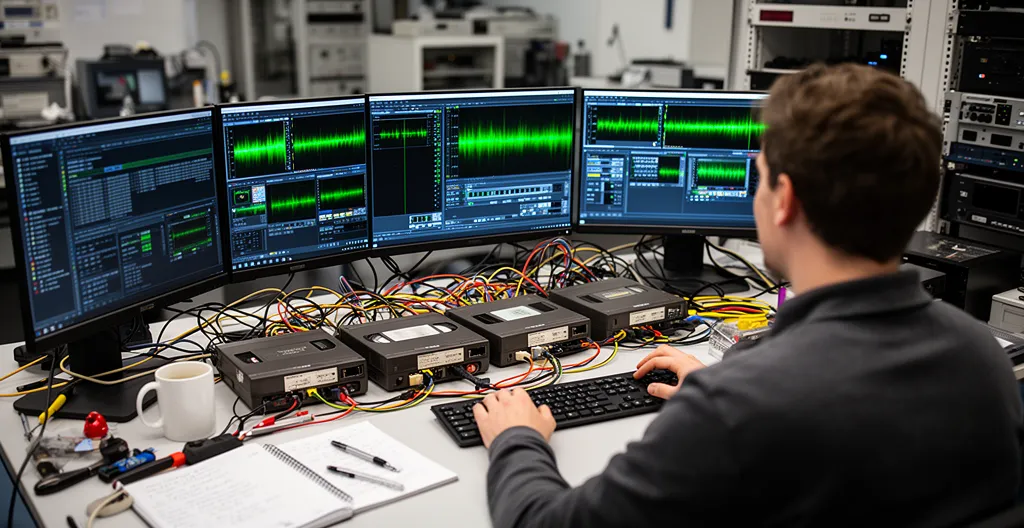 Technicien travaillant sur équipement de numérisation vu de dos