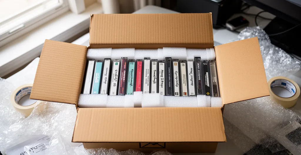 Cassettes VHS et Hi8 soigneusement emballées dans boîte d'expédition