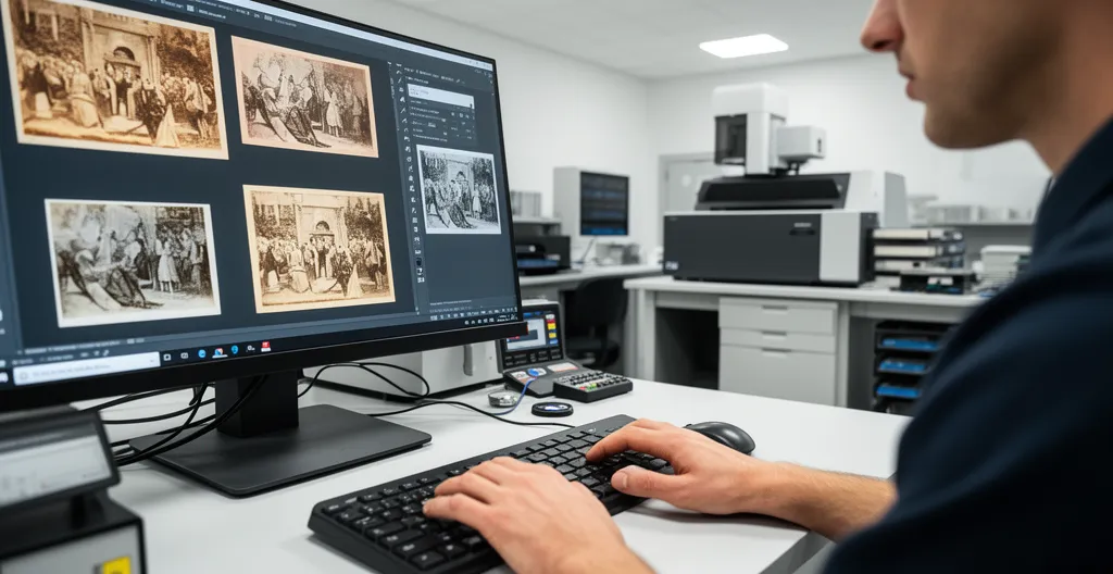 Technicien travaillant sur un scanner professionnel de diapositives dans un laboratoire de numérisation