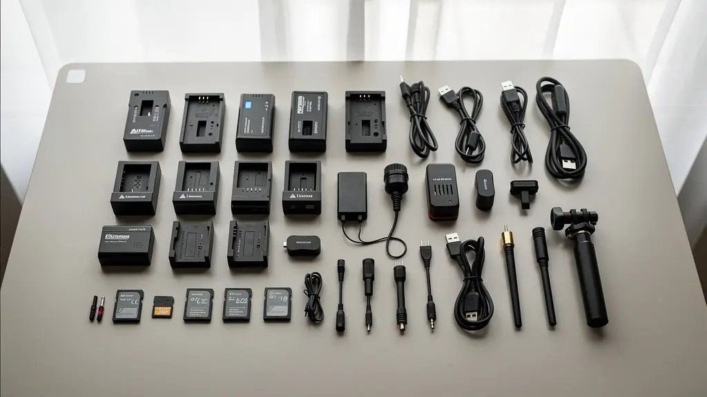 Ensemble d'accessoires pour caméscope professionnel disposés sur un bureau