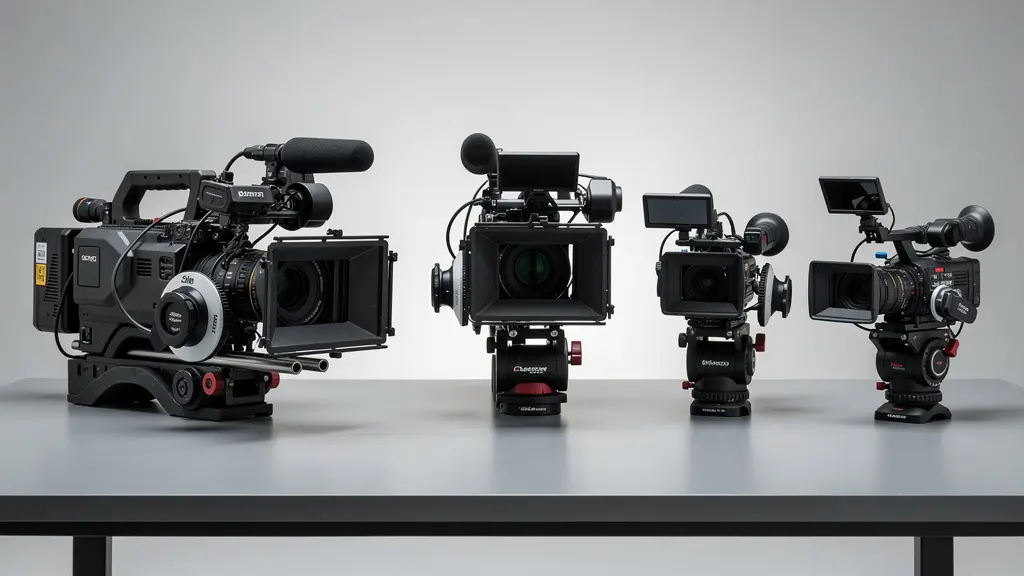 Différents types de caméscopes professionnels disposés sur une table de travail
