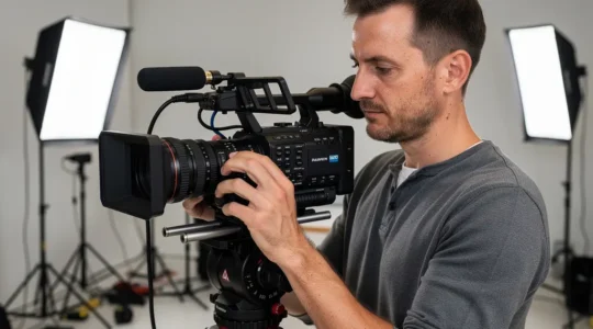 Vidéaste professionnel ajustant les réglages d'un caméscope lors d'un tournage