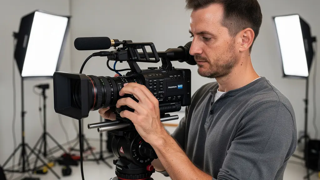 Vidéaste professionnel ajustant les réglages d'un caméscope lors d'un tournage