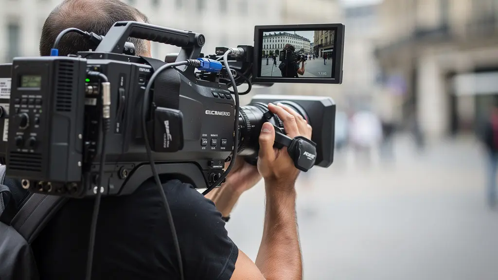 Caméraman européen filmant en extérieur avec un caméscope d'épaule